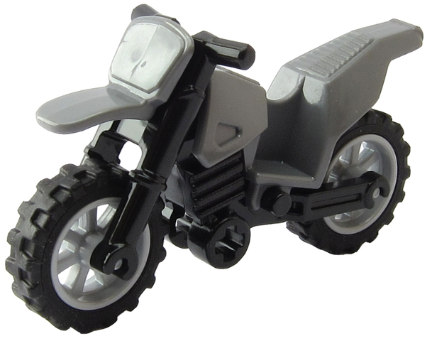 Display of LEGO part no. 50860c11 Motorcycle Dirt Bike with Black Chassis (Long Fairing Mounts) and Light Bluish Gray Wheels  which is a Dark Bluish Gray Motorcycle Dirt Bike with Black Chassis (Long Fairing Mounts) and Light Bluish Gray Wheels 