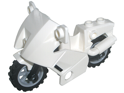 Display of LEGO part no. 52035c01 Motorcycle City with Black Chassis (Short Fairing Mounts) and Light Bluish Gray Wheels  which is a White Motorcycle City with Black Chassis (Short Fairing Mounts) and Light Bluish Gray Wheels 