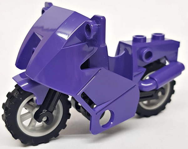 Display of LEGO part no. 52035c02 Motorcycle City with Black Chassis (Long Fairing Mounts) and Light Bluish Gray Wheels  which is a Dark Purple Motorcycle City with Black Chassis (Long Fairing Mounts) and Light Bluish Gray Wheels 