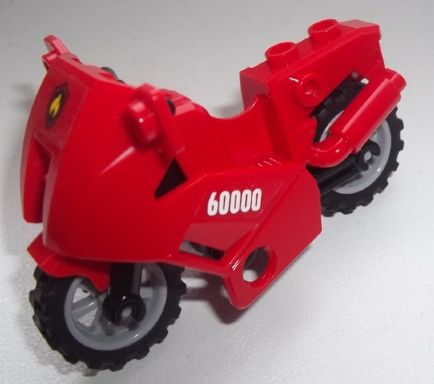 Display of LEGO part no. 52035c02pb09 Motorcycle City with Black and Yellow Fire Logo Badge on Front and '60000' on Both Sides Pattern (Stickers), Set 60000  which is a Red Motorcycle City with Black and Yellow Fire Logo Badge on Front and '60000' on Both Sides Pattern (Stickers), Set 60000 