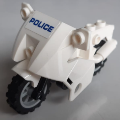 Display of LEGO part no. 52035c02pb15 Motorcycle City with Black Chassis, LBG Wheels and Fairing with Blue 'POLICE' on Background Pattern (Sticker), Set 60200  which is a White Motorcycle City with Black Chassis, LBG Wheels and Fairing with Blue 'POLICE' on Background Pattern (Sticker), Set 60200 