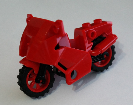 Display of LEGO part no. 52035c03 Motorcycle City with Black Chassis (Long Fairing Mounts) and Wheels  which is a Red Motorcycle City with Black Chassis (Long Fairing Mounts) and Wheels 