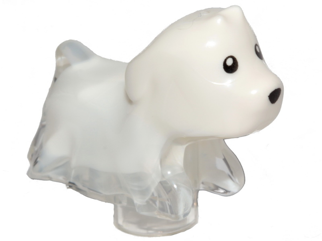 Display of LEGO part no. 52672pb01 Dog, Ghost with Marbled White Pattern (Spencer)  which is a Trans-Clear Dog, Ghost with Marbled White Pattern (Spencer) 