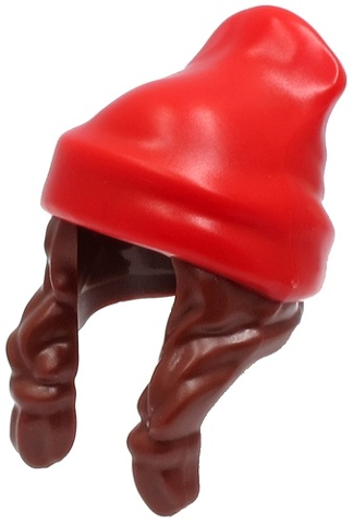 Display of LEGO part no. 52686pb03 Minifigure, Hair Combo, Hair with Hat, 2 Braids over Shoulders with Red Beanie Pattern  which is a Reddish Brown Minifigure, Hair Combo, Hair with Hat, 2 Braids over Shoulders with Red Beanie Pattern 