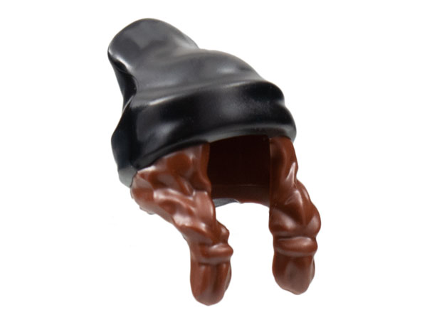 Display of LEGO part no. 52686pb05 Black Minifigure, Hair Combo, Hair with Hat, 2 Braids over Shoulders with Molded Reddish Brown Beanie Pattern