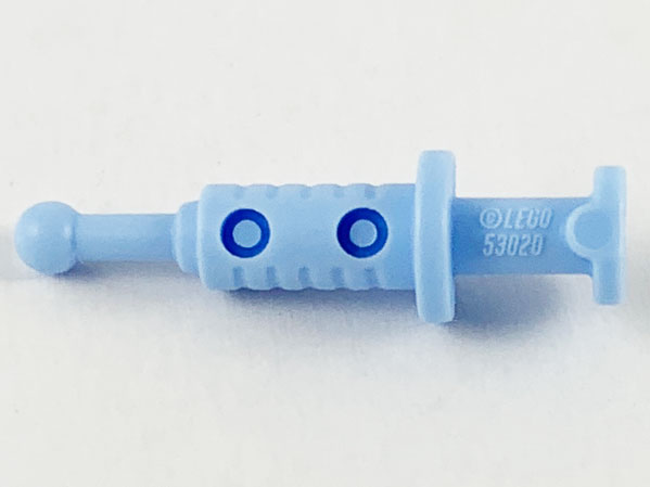 Display of LEGO part no. 53020 Minifigure, Utensil Syringe with 2 Hollows  which is a Bright Light Blue Minifigure, Utensil Syringe with 2 Hollows 