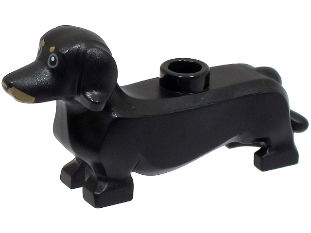Display of LEGO part no. 53075pb02 which is a Black Dog, Dachshund with Black Eyes and Nose and Tan Markings Pattern &#40;BAM&#41; 
