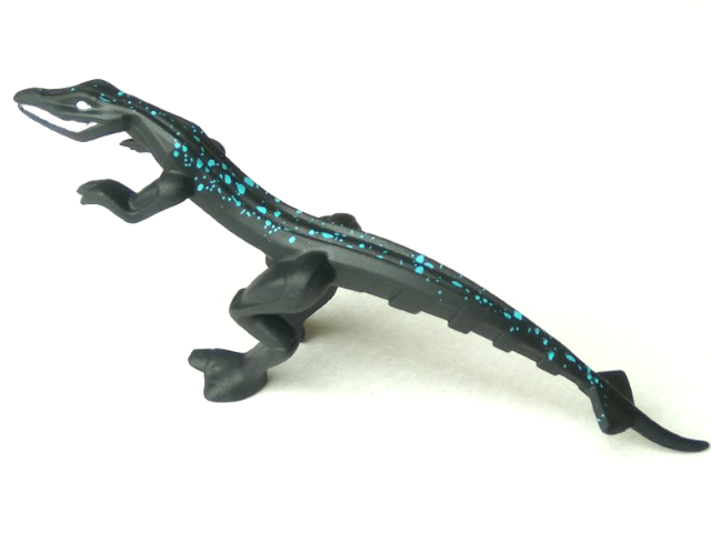 Display of LEGO part no. 54125pb02 Dinosaur Mutant Lizard with Blue Specks on Back Pattern  which is a Black Dinosaur Mutant Lizard with Blue Specks on Back Pattern 