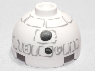 Display of LEGO part no. 553pb015 Brick, Round 2 x 2 Dome Top with Gray Lines and Coal Pieces Pattern (Snowman R2-D2)  which is a White Brick, Round 2 x 2 Dome Top with Gray Lines and Coal Pieces Pattern (Snowman R2-D2) 