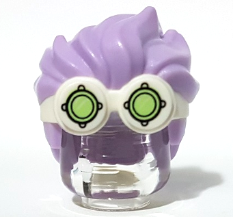 Display of LEGO part no. 56298pb01 Minifigure, Hair Combo, Goggles with Lime Lenses Pattern and Lavender Spiked Top Hair  which is a White Minifigure, Hair Combo, Goggles with Lime Lenses Pattern and Lavender Spiked Top Hair 