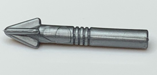 Display of LEGO part no. 57467a Minifigure, Weapon Harpoon, Grooves in Shaft  which is a Flat Silver Minifigure, Weapon Harpoon, Grooves in Shaft 