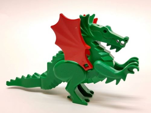 Display of LEGO part no. 6129c03 Dragon, Classic with Red Wings  which is a Green Dragon, Classic with Red Wings 