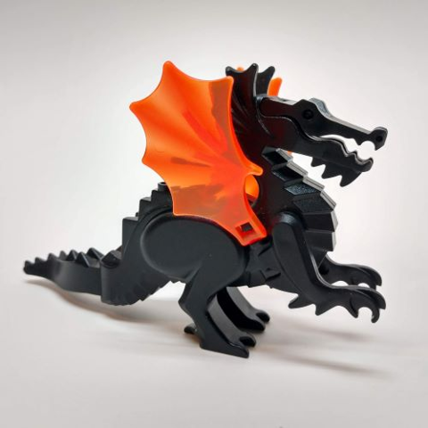 Display of LEGO part no. 6129c04 which is a Black Dragon, Classic with Trans-Neon Orange Wings 