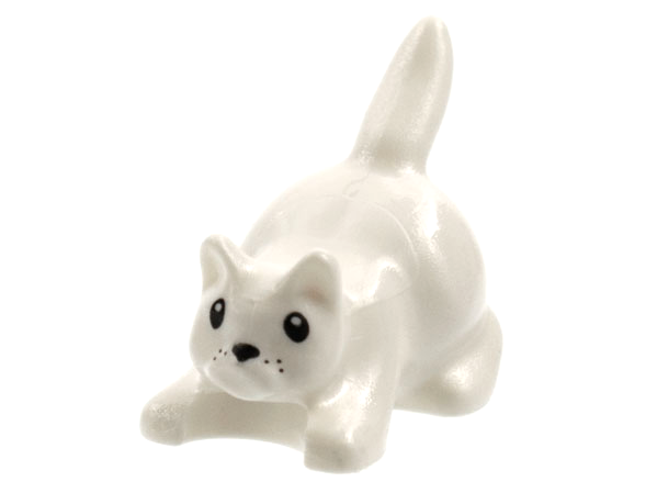 Display of LEGO part no. 6251pb04 Cat, Crouching with Black Eyes, Nose and Whisker Dots Pattern  which is a White Cat, Crouching with Black Eyes, Nose and Whisker Dots Pattern 