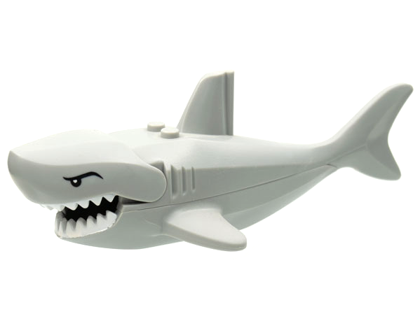 Display of LEGO part no. 62605pb01c01 Shark with Gills and White Teeth Pattern  which is a Light Bluish Gray Shark with Gills and White Teeth Pattern 