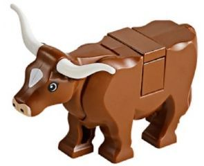 Display of LEGO part no. 64452pb01c02 Cow with Light Nougat Muzzle and White Spot on Head Pattern with Long Horns (Tile on Top)  which is a Reddish Brown Cow with Light Nougat Muzzle and White Spot on Head Pattern with Long Horns (Tile on Top) 