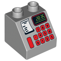 Display of LEGO part no. 6474pb28 Duplo, Brick 2 x 2 x 1 1/2 Slope 45 with Cash Register, Receipt, and '28.35' Pattern  which is a Light Bluish Gray Duplo, Brick 2 x 2 x 1 1/2 Slope 45 with Cash Register, Receipt, and '28.35' Pattern 