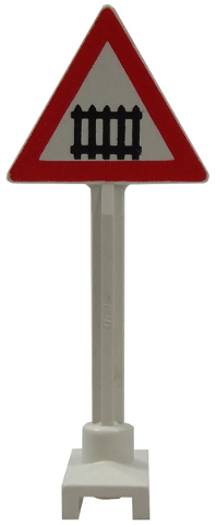 Display of LEGO part no. 649p01 Road Sign Triangle with Level Crossing Pattern Slightly yellowed which is a White Road Sign Triangle with Level Crossing Pattern Slightly yellowed