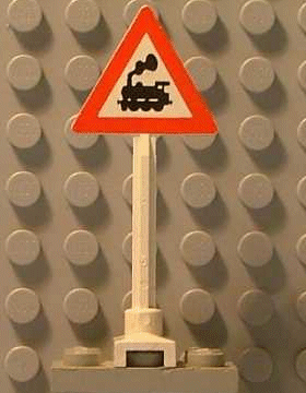 Display of LEGO part no. 649pb06a Road Sign Triangle with Train Engine with Cab Window Pattern  which is a White Road Sign Triangle with Train Engine with Cab Window Pattern 