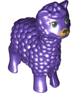 Display of LEGO part no. 65405pb01 which is a Dark Purple Alpaca / Llama, Friends with Metallic Light Blue Eyes, Pearl Dark Gray Nose, and Gold Muzzle Pattern 