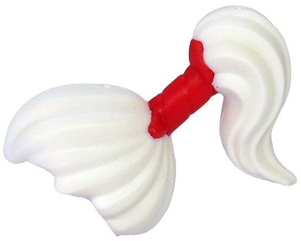 Display of LEGO part no. 65425pb02 Minifigure, Hair Pulled Back into High Ponytail with Red Wrap Pattern  which is a White Minifigure, Hair Pulled Back into High Ponytail with Red Wrap Pattern 