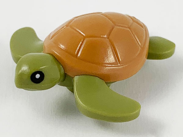 Display of LEGO part no. 67040pb01 which is a Olive Green Sea Turtle Baby with Black Eyes and Medium Nougat Shell Pattern 