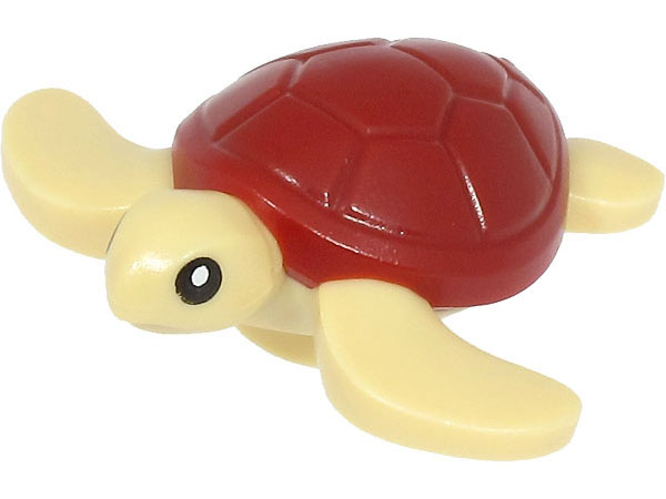 Display of LEGO part no. 67040pb02 which is a Tan Sea Turtle with Black Eyes and Dark Red Shell Pattern 