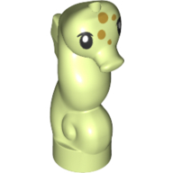 Display of LEGO part no. 67156pb02 which is a Yellowish Green Seahorse, Friends with Black Eyes and Gold Spots Pattern 