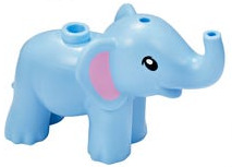 Display of LEGO part no. 67410pb01 Elephant, Friends, Baby with Bright Pink Ears Pattern  which is a Bright Light Blue Elephant, Friends, Baby with Bright Pink Ears Pattern 