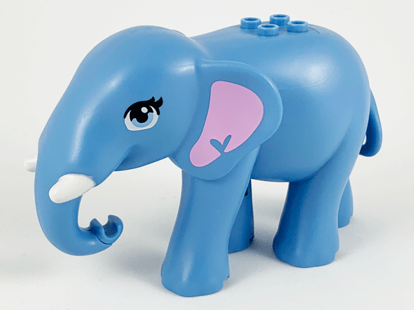 Display of LEGO part no. 67419pb01 Elephant, Friends with Bright Pink Ears, White Tusks and Bright Light Blue Eyes Pattern  which is a Medium Blue Elephant, Friends with Bright Pink Ears, White Tusks and Bright Light Blue Eyes Pattern 