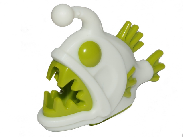 Display of LEGO part no. 67471pb01 which is a Glow In Dark White Anglerfish with Molded Lime Eyes, Fins, and Teeth Pattern 
