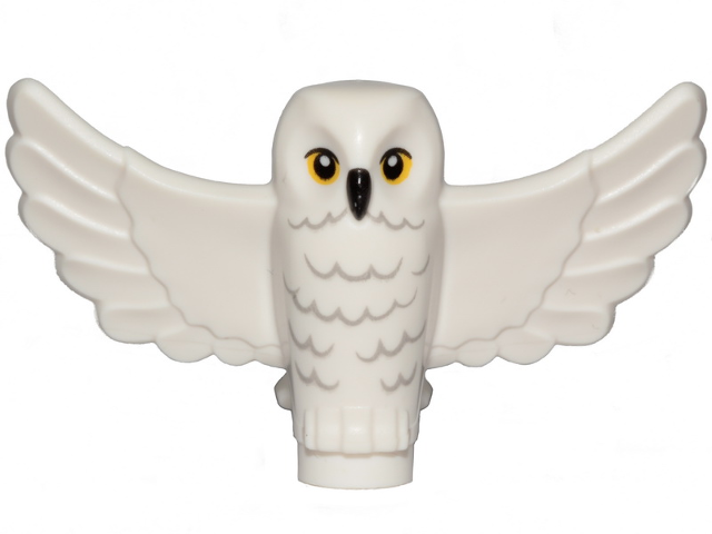 Display of LEGO part no. 67632pb01 Owl, Spread Wings with Black Beak, Yellow Eyes, and Light Bluish Gray Rippled Chest Feathers Pattern (HP Hedwig)  which is a White Owl, Spread Wings with Black Beak, Yellow Eyes, and Light Bluish Gray Rippled Chest Feathers Pattern (HP Hedwig) 