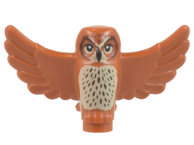 Display of LEGO part no. 67632pb04 Owl, Spread Wings with Black Beak and Eyes, Tan Chest and Dark Brown Stippled Chest Feathers Pattern  which is a Dark Orange Owl, Spread Wings with Black Beak and Eyes, Tan Chest and Dark Brown Stippled Chest Feathers Pattern 