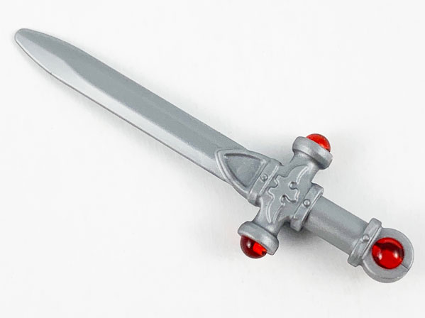 Display of LEGO part no. 68503pb01 Minifigure, Weapon Sword, Ornate with Trans-Red Jewels on Crossguard and Pommel Pattern (Sword of Gryffindor)  which is a Flat Silver Minifigure, Weapon Sword, Ornate with Trans-Red Jewels on Crossguard and Pommel Pattern (Sword of Gryffindor) 