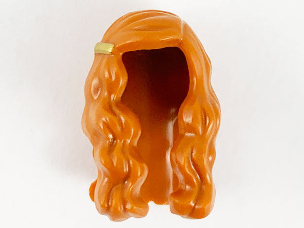 Display of LEGO part no. 68508pb01 Minifigure, Hair Long and Wavy with Left Part with Gold Clip on Right Side Pattern  which is a Dark Orange Minifigure, Hair Long and Wavy with Left Part with Gold Clip on Right Side Pattern 