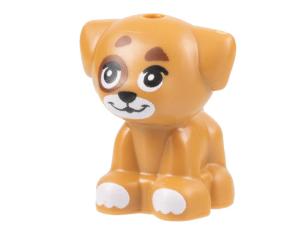 Display of LEGO part no. 69901pb08 which is a Medium Nougat Dog, Friends, Puppy, Standing, Small with White Muzzle and Paws, and Reddish Brown Spots Pattern 