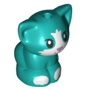 Display of LEGO part no. 69902pb02 which is a Dark Turquoise Cat, Friends, Baby Kitten, Sitting with Metallic Pink Nose, White Muzzle and Paws Pattern 