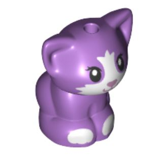 Display of LEGO part no. 69902pb02 which is a Medium Lavender Cat, Friends, Baby Kitten, Sitting with Metallic Pink Nose, White Muzzle and Paws Pattern 