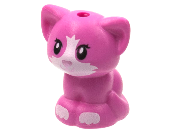 Display of LEGO part no. 69902pb02 which is a Dark Pink Cat, Friends, Baby Kitten, Sitting with Metallic Pink Nose, White Muzzle and Paws Pattern 