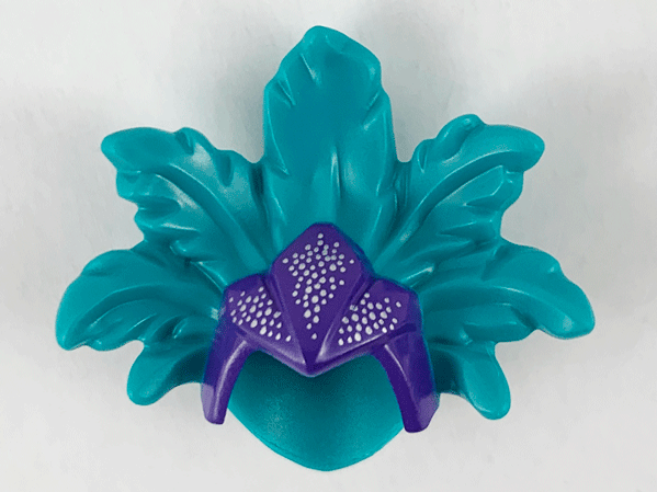 Display of LEGO part no. 69951pb01 which is a Dark Turquoise Minifigure, Headgear Hat, Showgirl with Feathers with Dark Purple Front, Silver Dots Pattern 