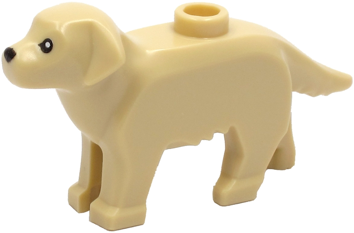 Display of LEGO part no. 69962pb01 Dog, Labrador / Golden Retriever with Black Eyes and Nose Pattern  which is a Tan Dog, Labrador / Golden Retriever with Black Eyes and Nose Pattern 