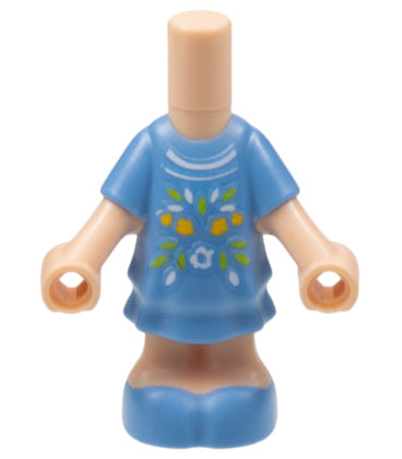 Display of LEGO part no. 69969pb01 which is a Light Nougat Micro Doll, Body with Medium Blue Short Layered Dress and Shoes, Flowers and Leaves Pattern 