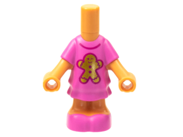 Display of LEGO part no. 69969pb03 which is a Nougat Micro Doll, Body with Dark Pink Short Layered Dress and Shoes, Gold Gingerbread Man and Magenta Collar Pattern 