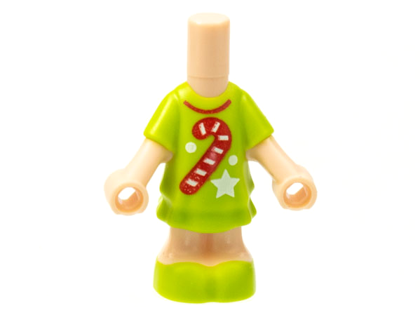 Display of LEGO part no. 69969pb06 which is a Light Nougat Micro Doll, Body with Lime Short Layered Dress and Shoes, Red Candy Cane and Collar, White Star and Dots Pattern 