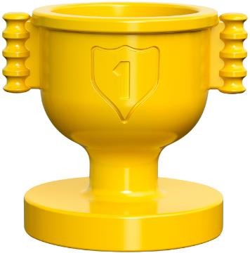 Display of LEGO part no. 73241 which is a Yellow Duplo Utensil Trophy Cup with Number 1 in Shield, Closed Handles 