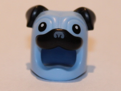 Display of LEGO part no. 73662pb01 which is a Bright Light Blue Minifigure, Headgear Head Cover, Costume Pug Dog with Black Ears, Eyes and Muzzle Pattern 