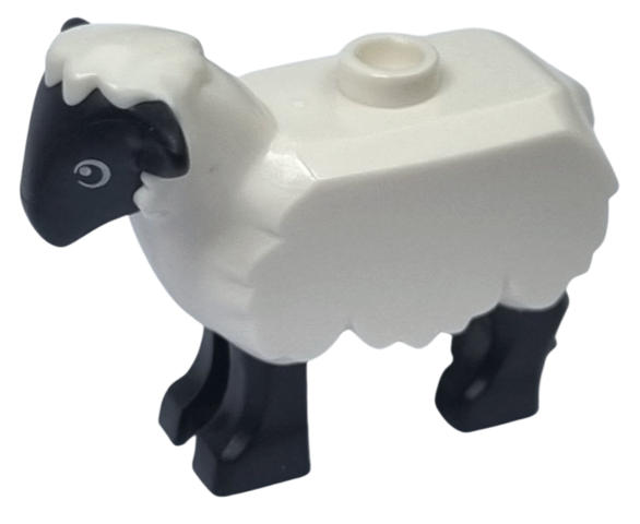 Display of LEGO part no. 74188pb01 Sheep with Black Head and Legs and Eyes Pattern  which is a White Sheep with Black Head and Legs and Eyes Pattern 