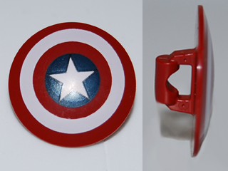Display of LEGO part no. 75902pb01 Minifigure, Shield Circular Convex Face with Bullseye with Captain America Star Pattern  which is a Dark Red Minifigure, Shield Circular Convex Face with Bullseye with Captain America Star Pattern 