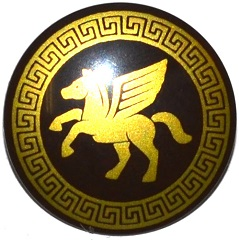 Display of LEGO part no. 75902pb05 Minifigure, Shield Circular Convex Face with Gold Winged Horse Pattern  which is a Dark Brown Minifigure, Shield Circular Convex Face with Gold Winged Horse Pattern 