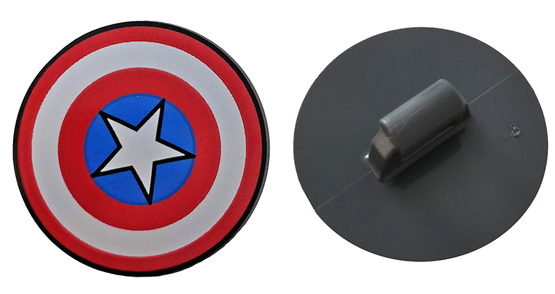 Display of LEGO part no. 75902pb13 Minifigure, Shield Circular Convex Face with Red and White Rings and Captain America Star Pattern  which is a Dark Bluish Gray Minifigure, Shield Circular Convex Face with Red and White Rings and Captain America Star Pattern 